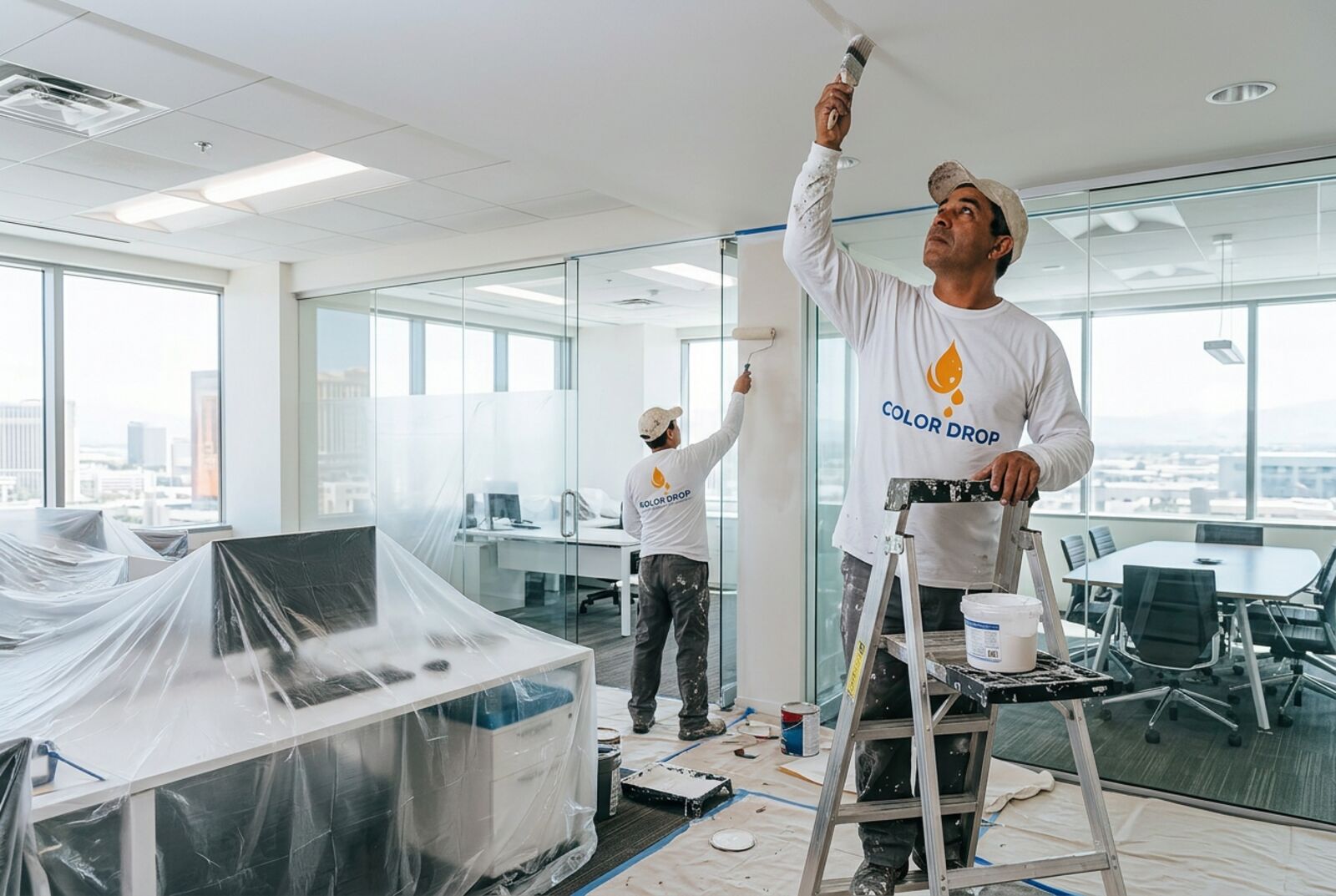 Two Color Drop painters repainting a Las Vegas office suite with desks masked off