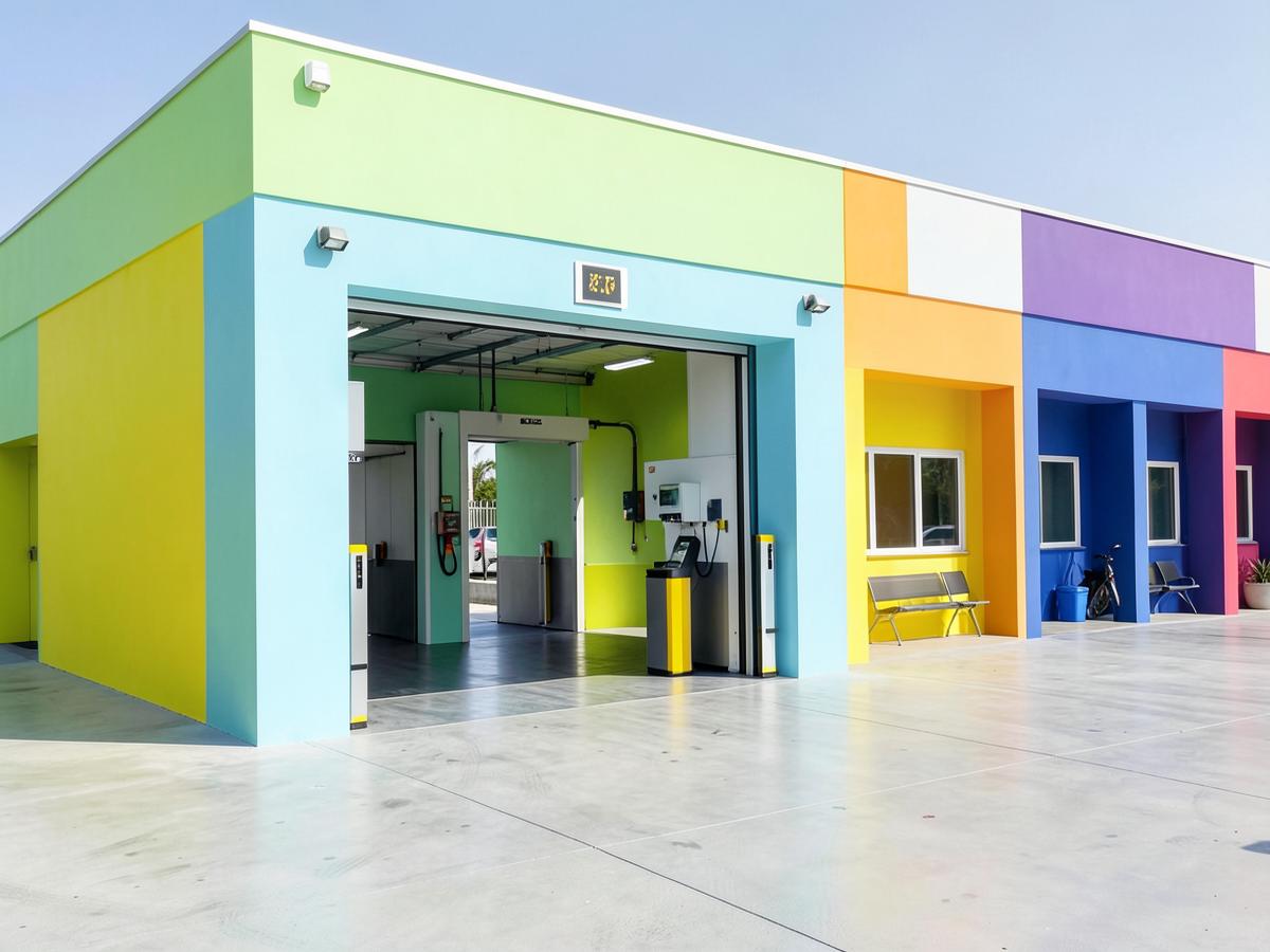 Freshly painted car wash building exterior and service bay