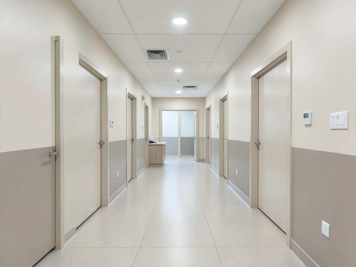 Freshly painted medical clinic hallway with clean neutral finishes