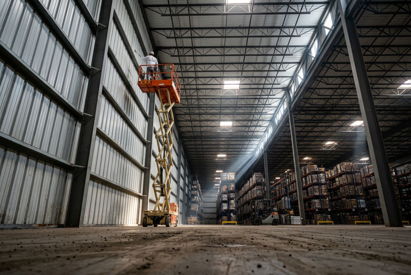 Color Drop painter on a lift coating the high walls of a Las Vegas warehouse
