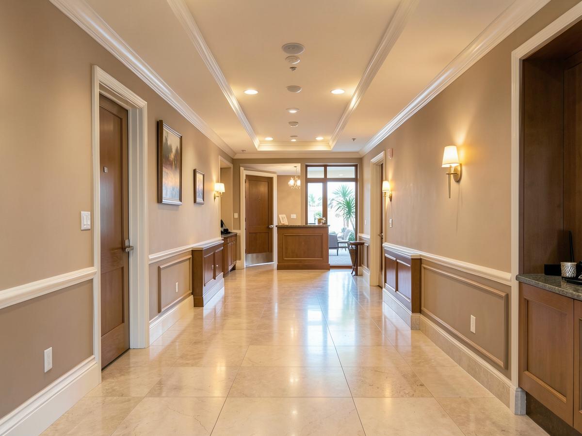 Freshly painted hotel corridor and lobby with warm neutral finishes